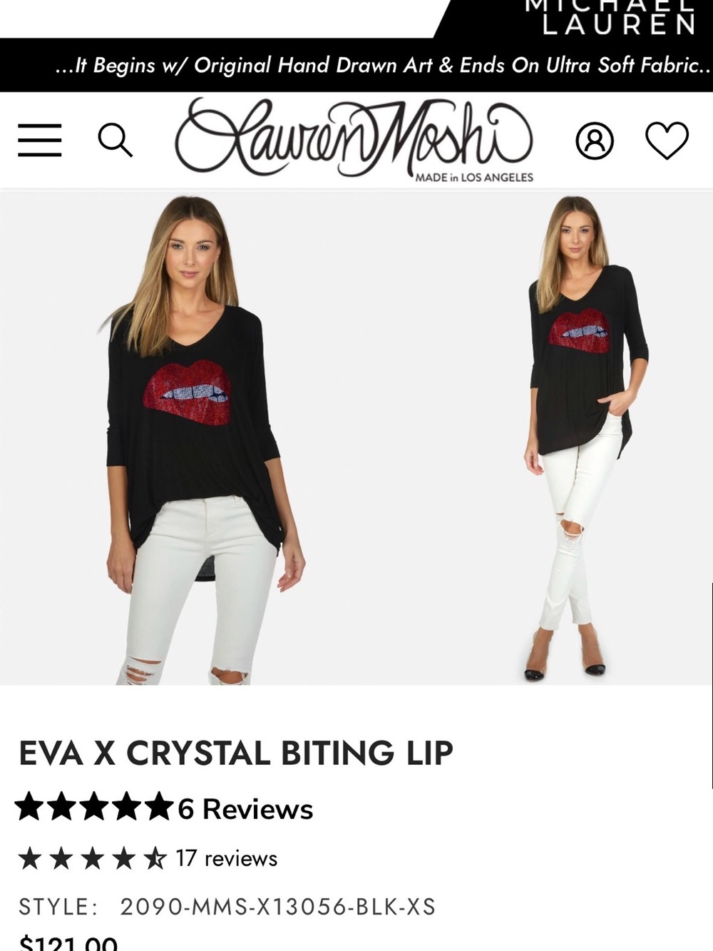 Lauren Moshi Black V-Neck Top with Red Crystal Lip Graphic